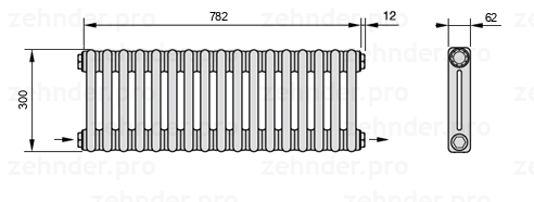Схема (чертеж) Радиатор Zehnder Charleston 2030/17 №2670 Белый глянцевый RAL 9016
